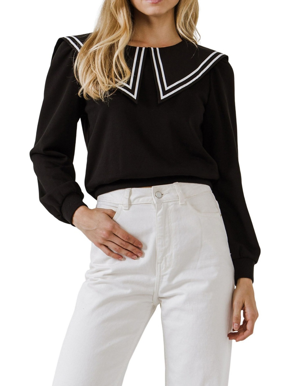 English Factory Black Pullover Sweatshirt with White Trimmed Sailor Collar